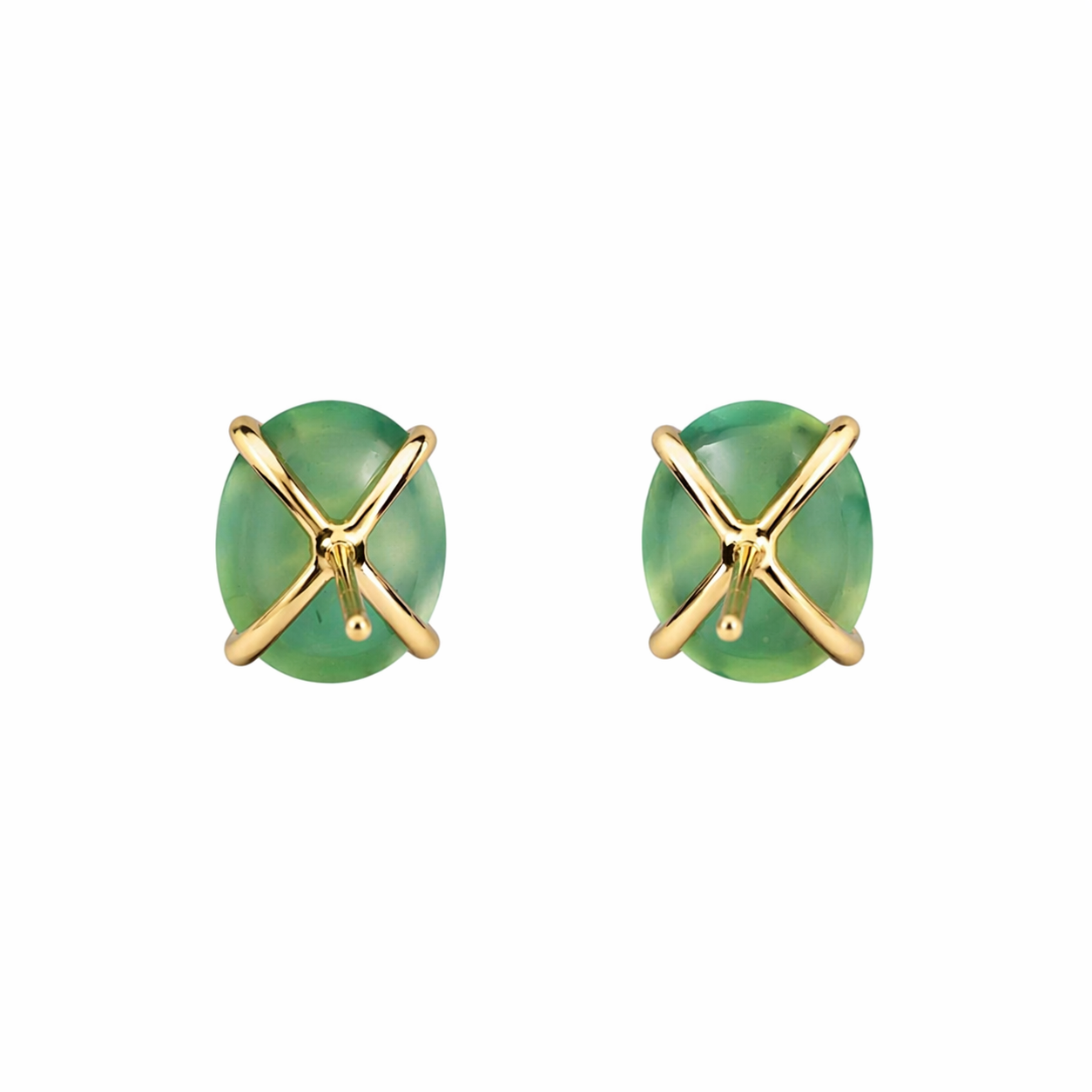 14 Karat Gold Green Chalcedony Oval Stud Earrings
