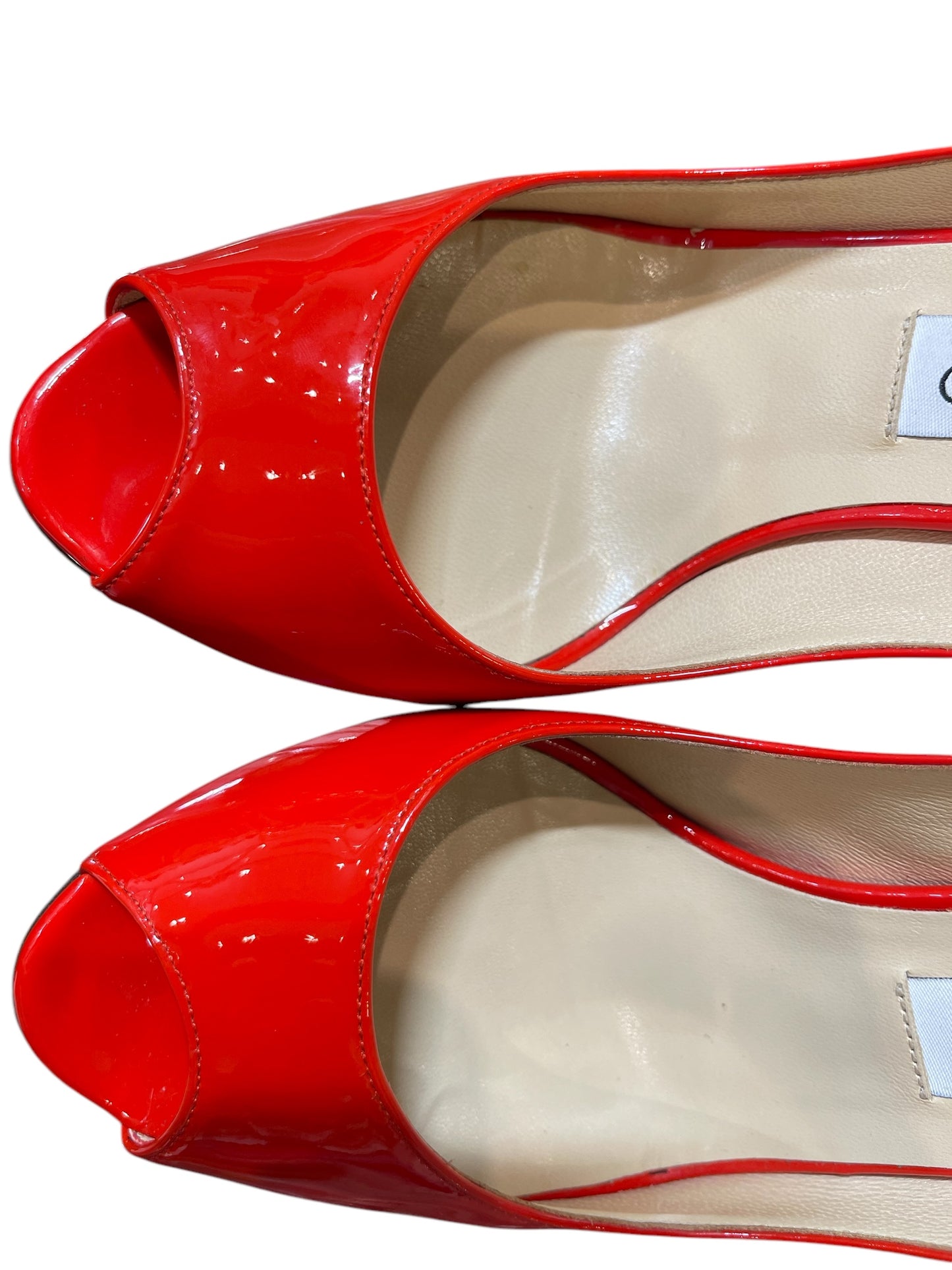 Jimmy Choo Orange Patent Leather Peep Toe Pumps