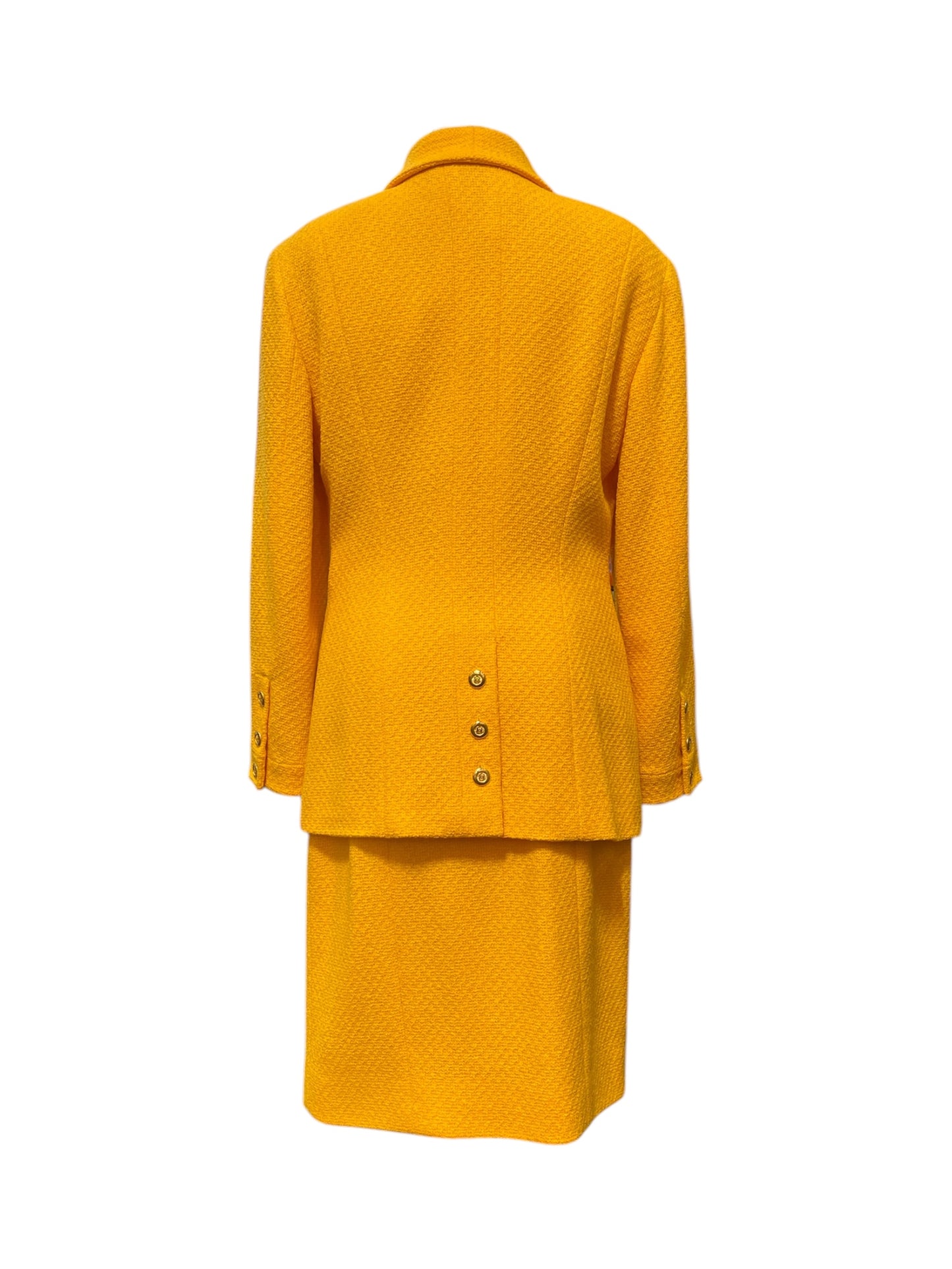 1989 S/S Vintage Chanel Canary Yellow Wool Tweed Skirt Suit XL