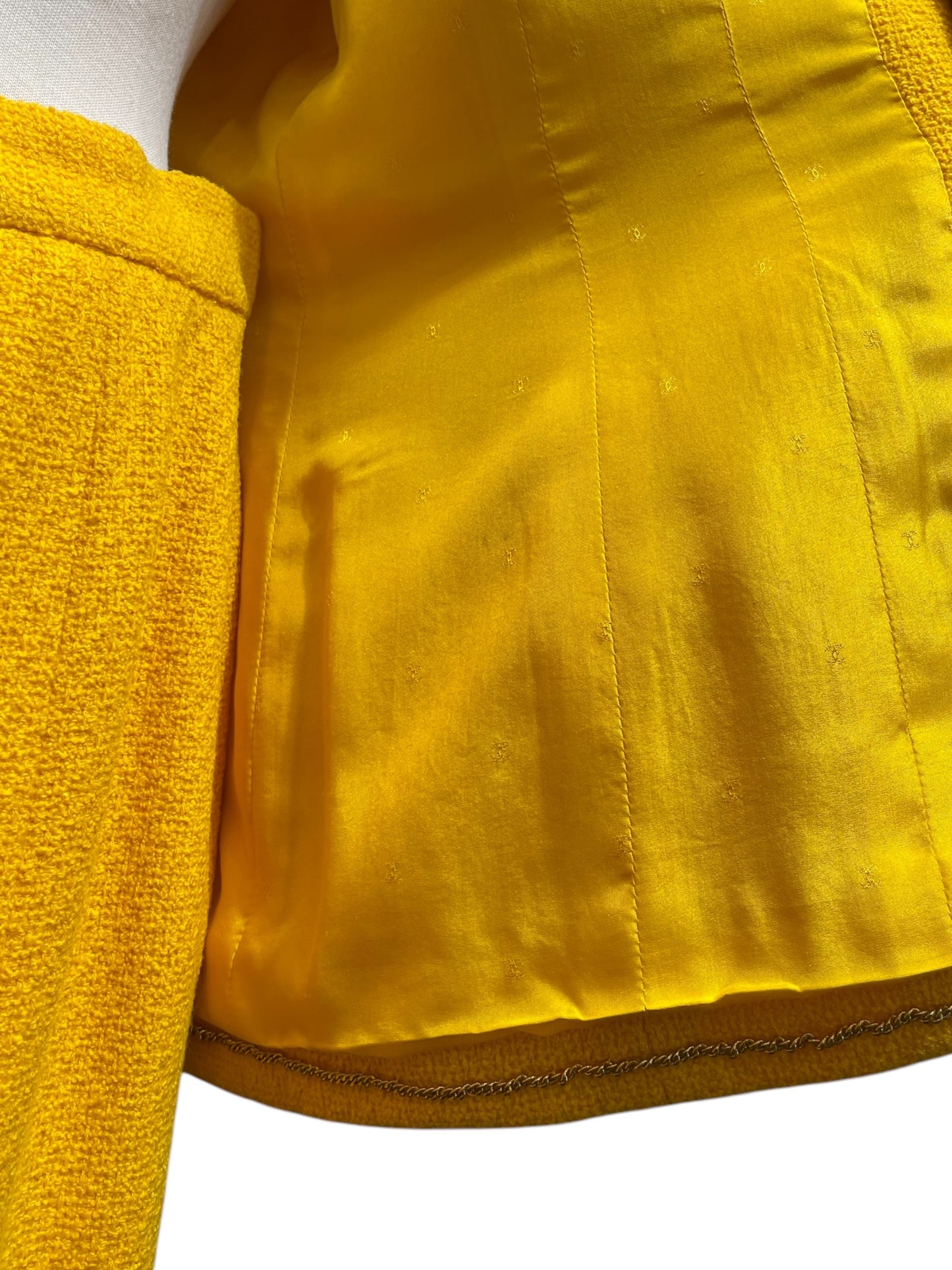 1989 S/S Vintage Chanel Canary Yellow Wool Tweed Skirt Suit XL