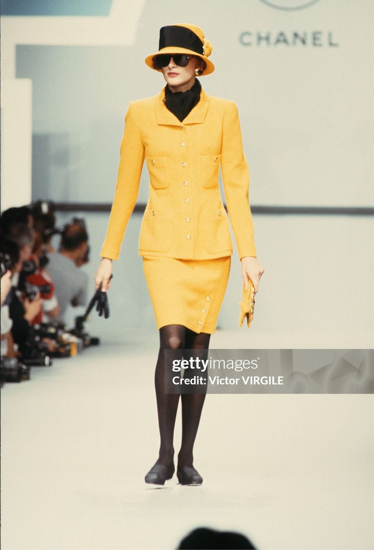 1989 S/S Vintage Chanel Canary Yellow Wool Tweed Skirt Suit XL