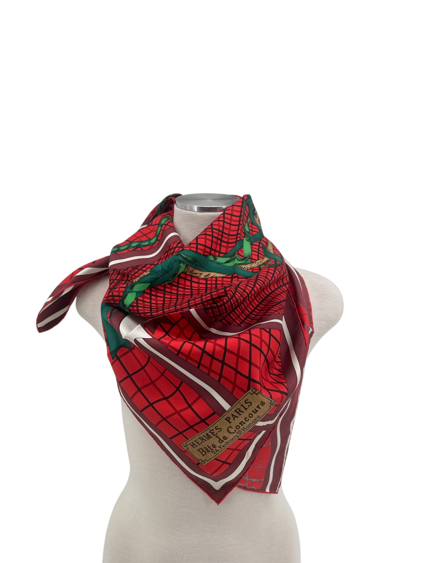 Hermes “Bete De Concours” Red Silk Scarf By Robert Dallet