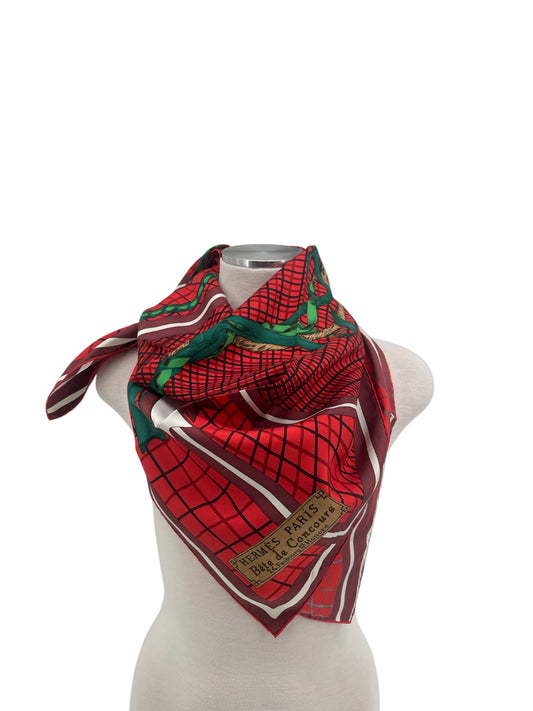 Hermes “Bete De Concours” Red Silk Scarf By Robert Dallet