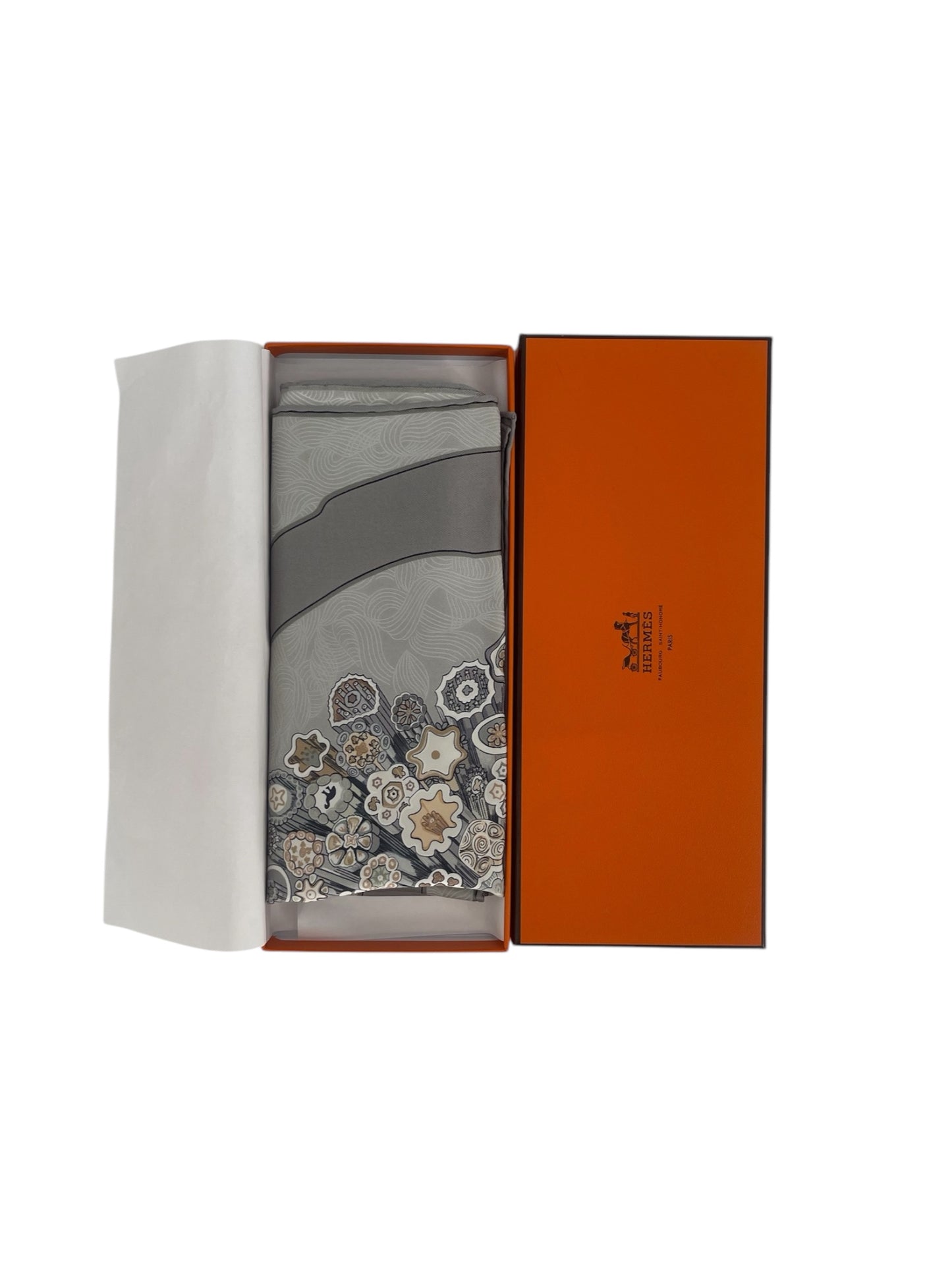 Hermes "Sulfures" Grey Silk Scarf By Caty Latham
