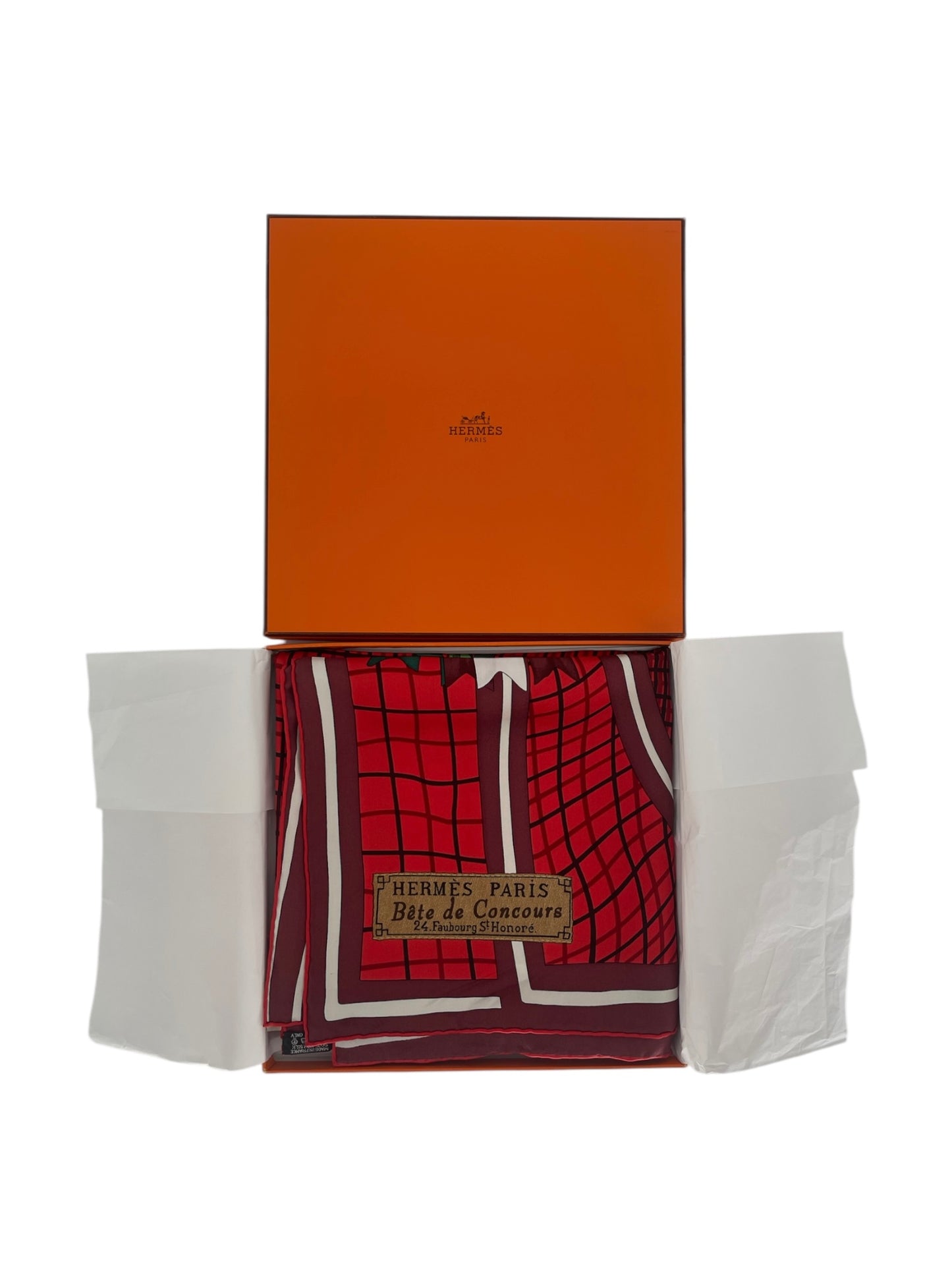 Hermes “Bete De Concours” Red Silk Scarf By Robert Dallet