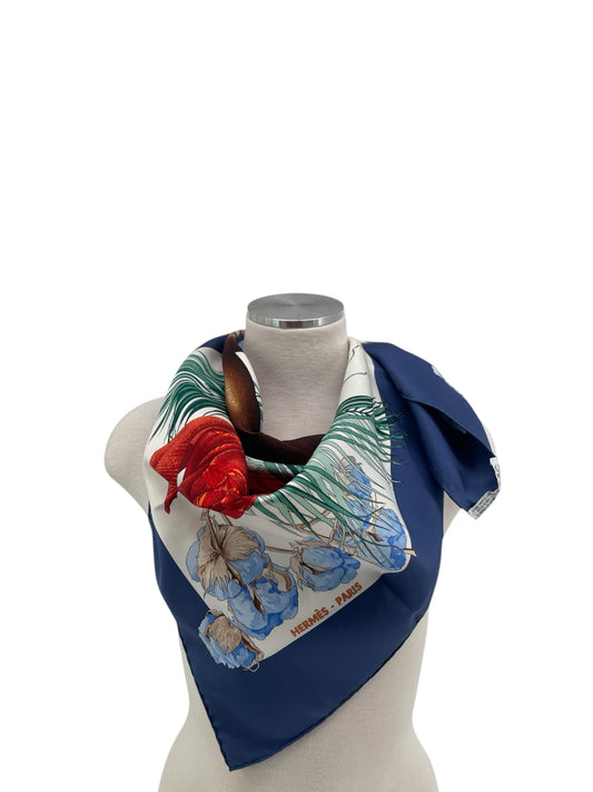 Hermes Blue "Turbans Des Reines" Silk Scarf By Michele Szabo