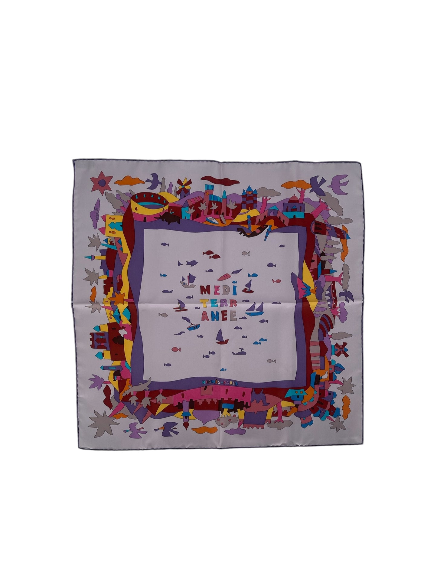Hermes "Mediterranee" Purple Silk Scarf By Robert Dallet