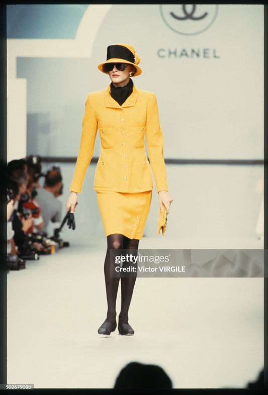 1989 S/S Vintage Chanel Canary Yellow Wool Tweed Skirt Suit XL