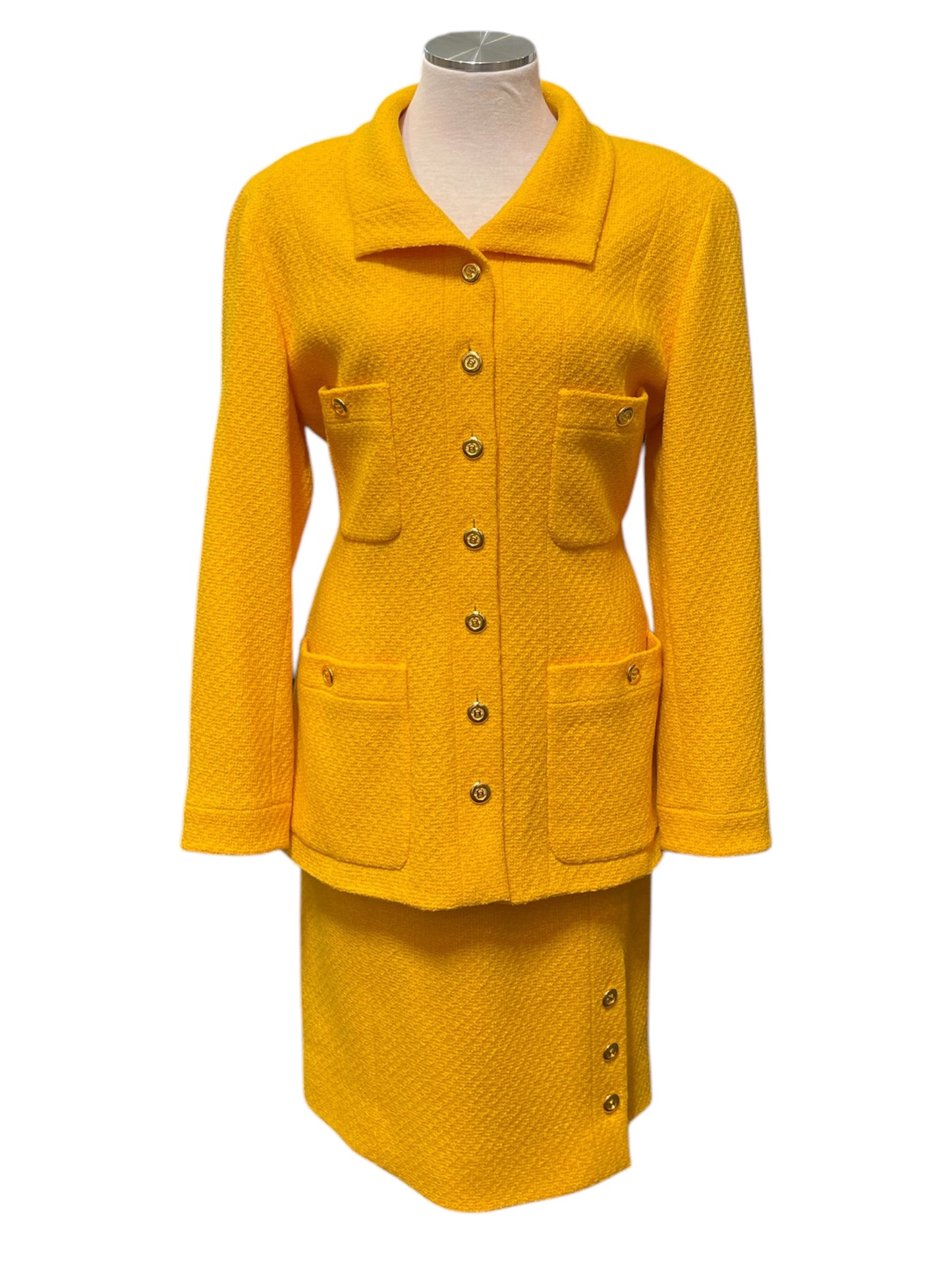 1989 S/S Vintage Chanel Canary Yellow Wool Tweed Skirt Suit XL