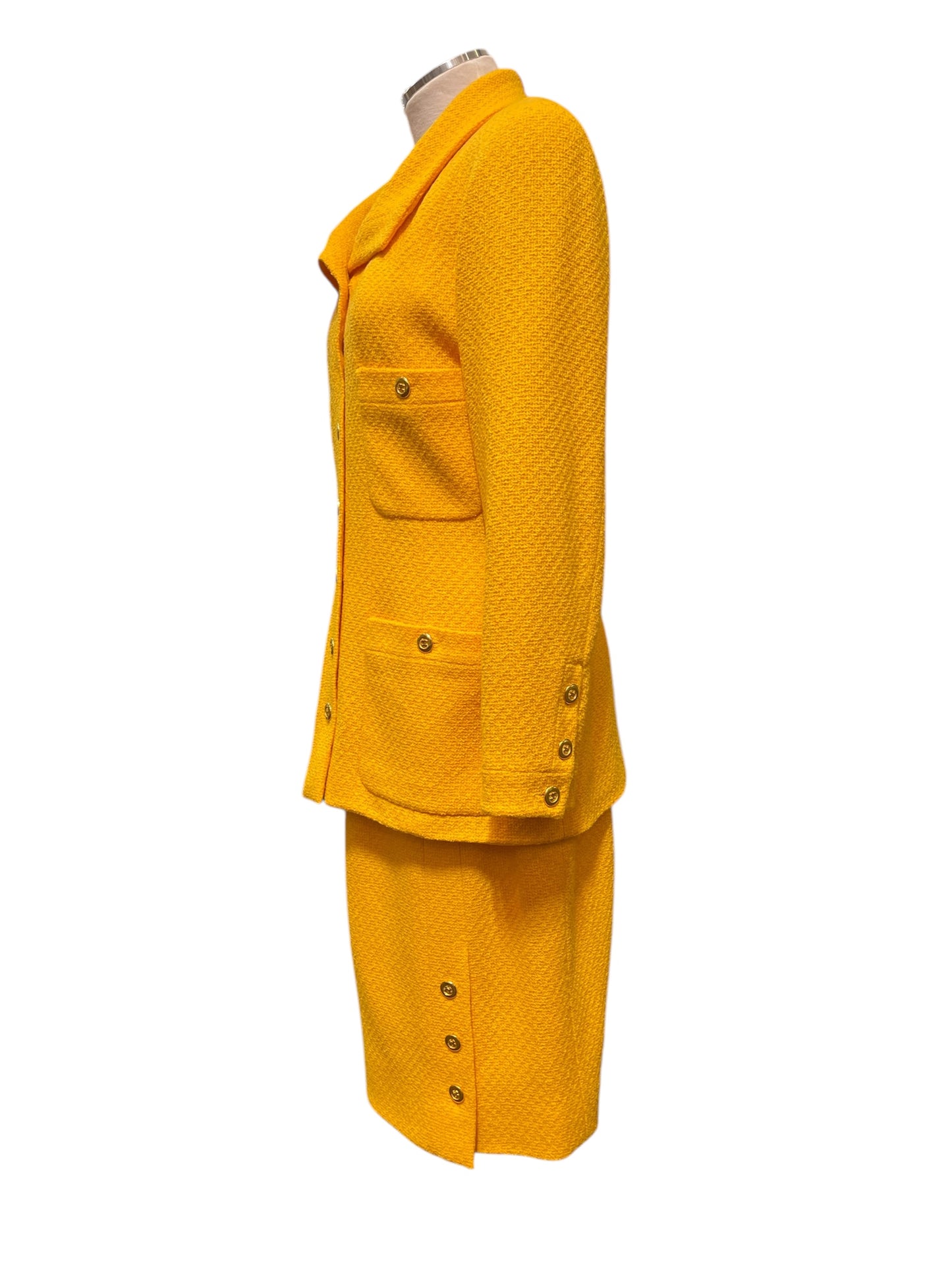 1989 S/S Vintage Chanel Canary Yellow Wool Tweed Skirt Suit XL