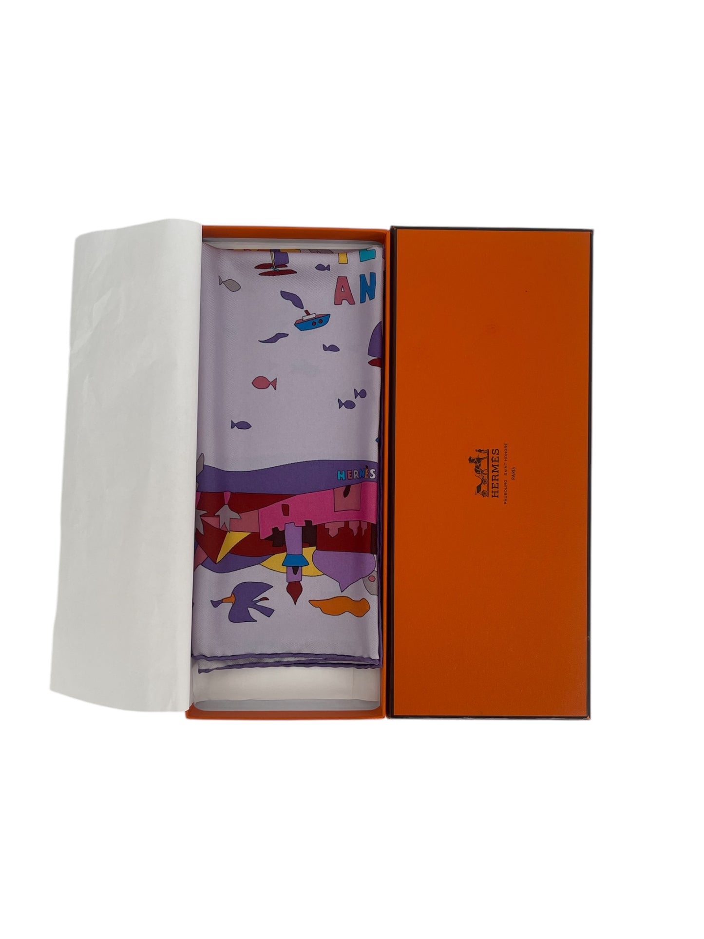 Hermes "Mediterranee" Purple Silk Scarf By Robert Dallet