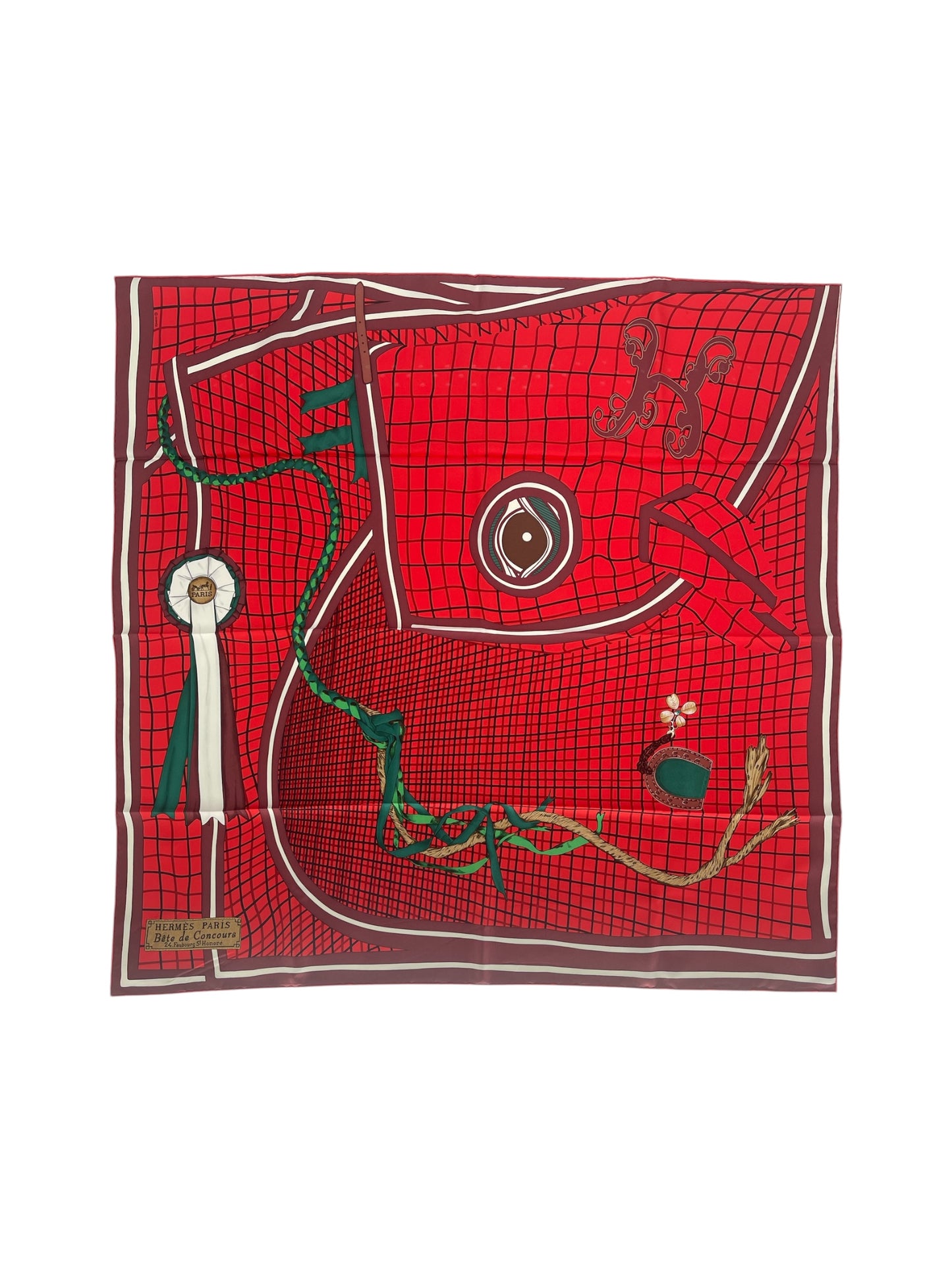 Hermes “Bete De Concours” Red Silk Scarf By Robert Dallet