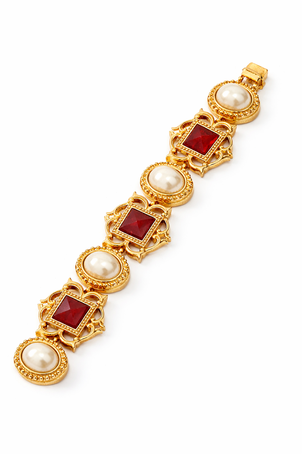 Ben Amun Gold Tone Faux Pearl And Red Stone Statement Bracelet