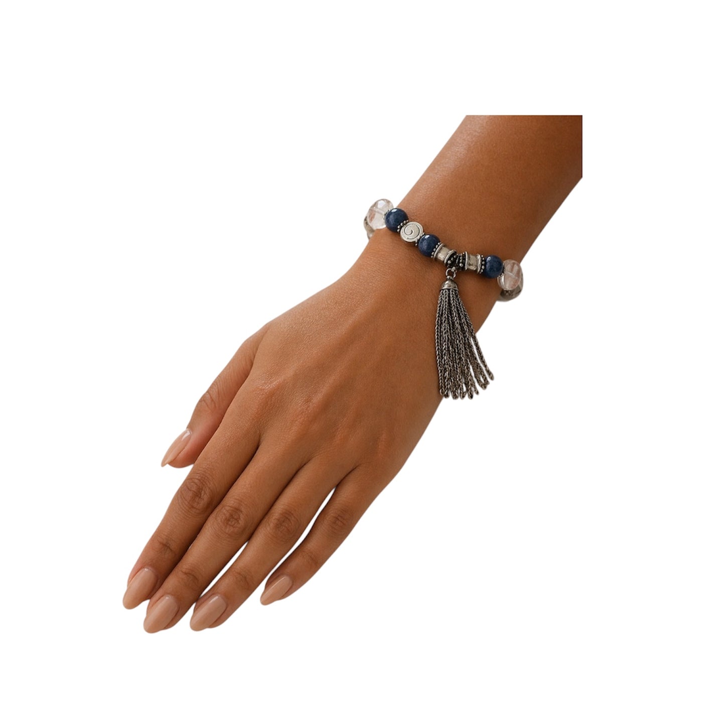 Blue Sodalite Clear Quartz Silvertone Beaded Tassel Bracelet