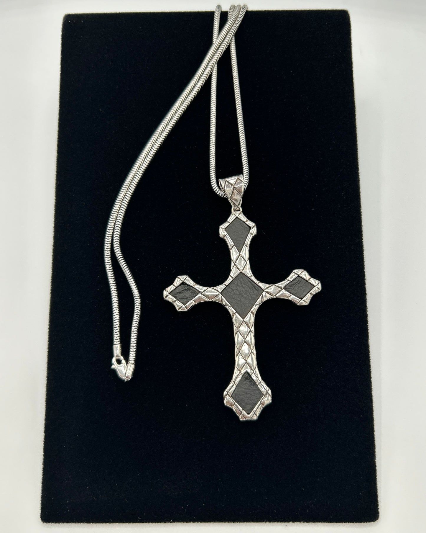 John Hardy Sliver Black Leather Cross Pendant Necklace