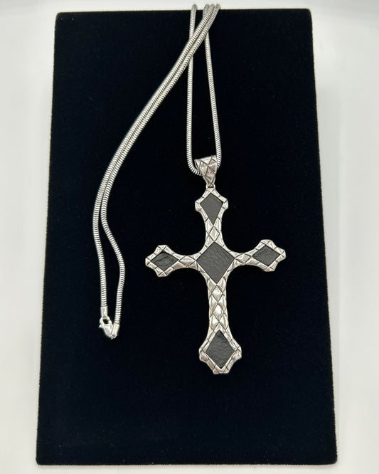 John Hardy Sliver Black Leather Cross Pendant Necklace