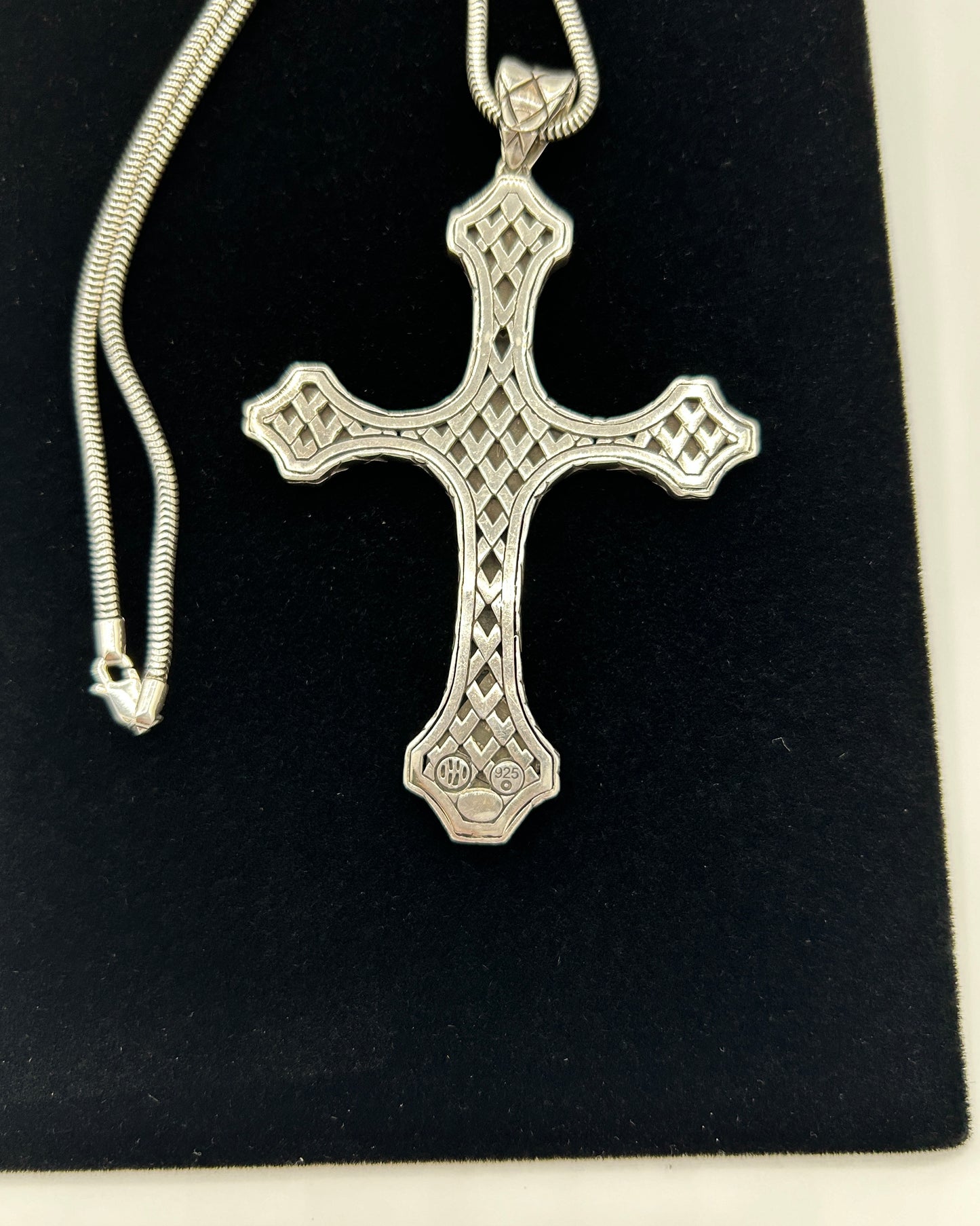 John Hardy Sliver Black Leather Cross Pendant Necklace