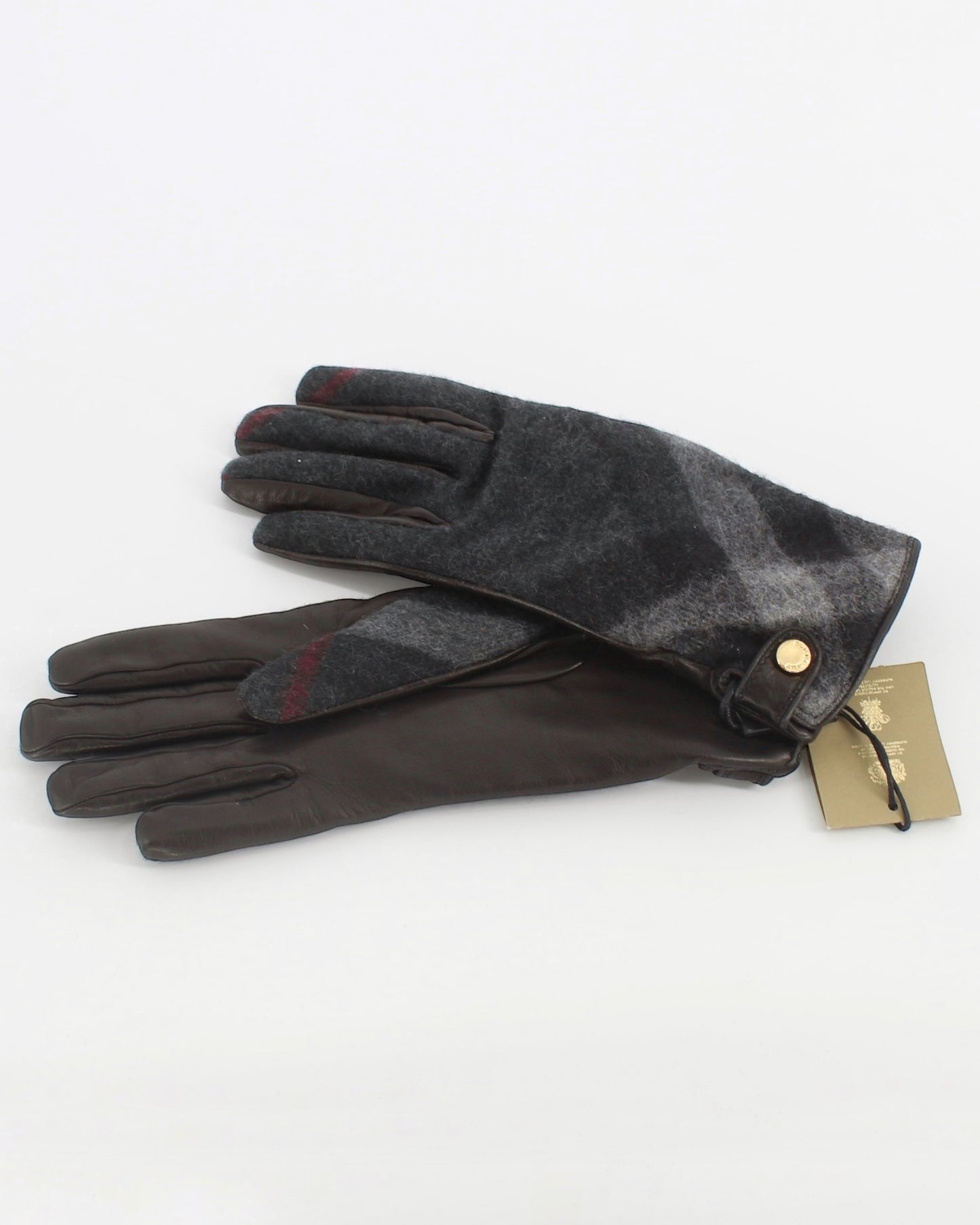 Burberry Black Leather Grey Check Cash Gloves Small