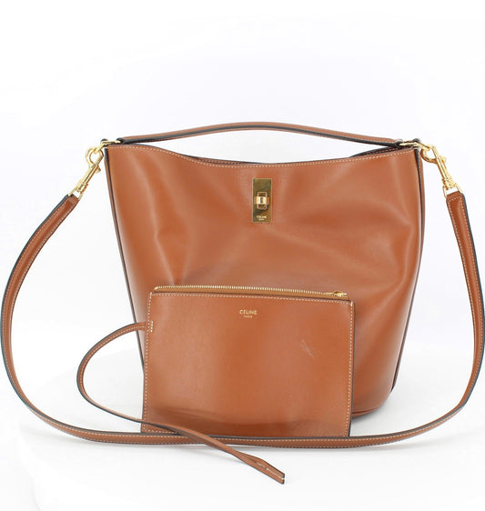 Celine Smooth Calfskin Bucket 16 Brown Tan W/ Shoulder Strap