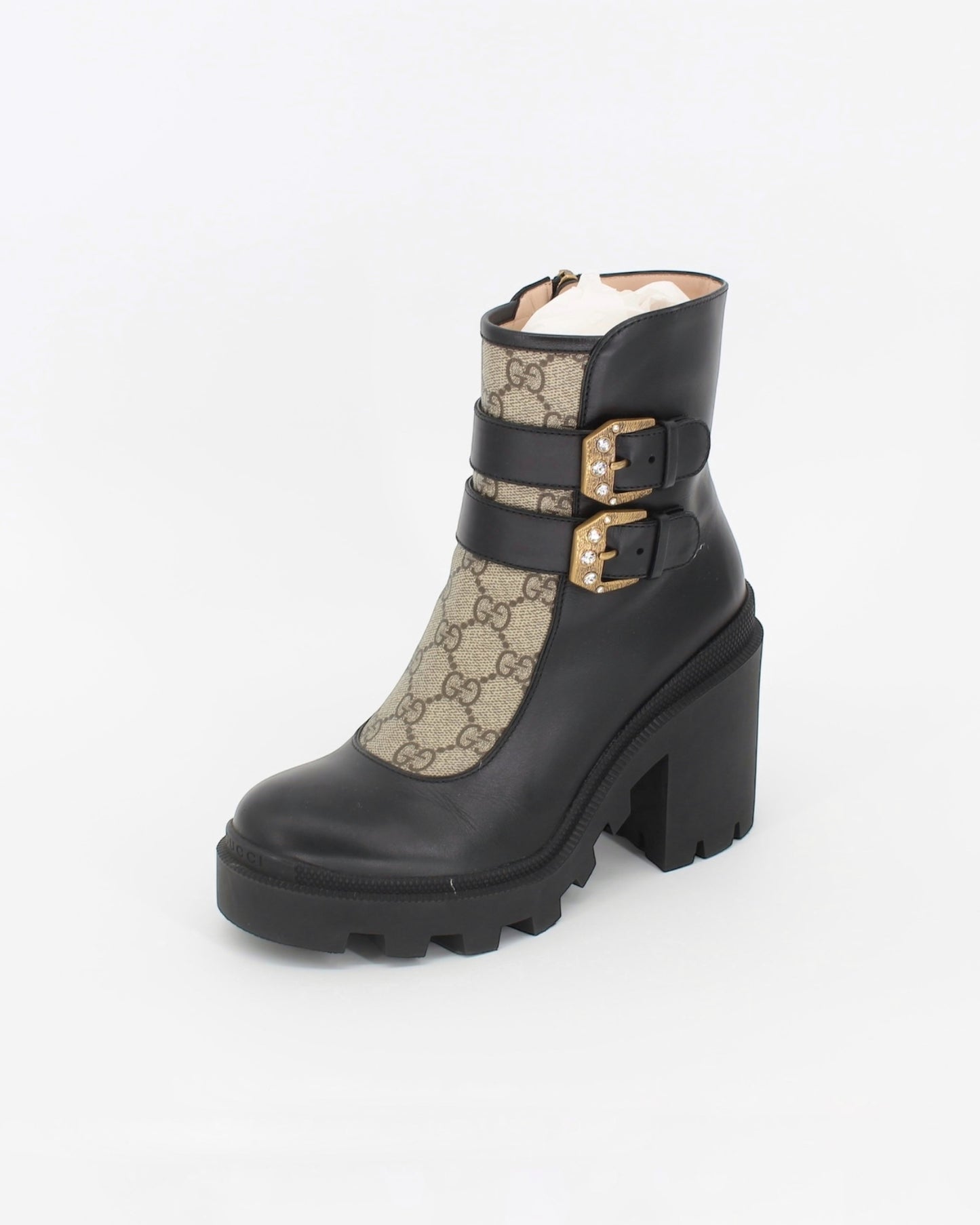 Gucci Monogram Crystal Buckle Black Ankle Combat Heeled Boots Size 36