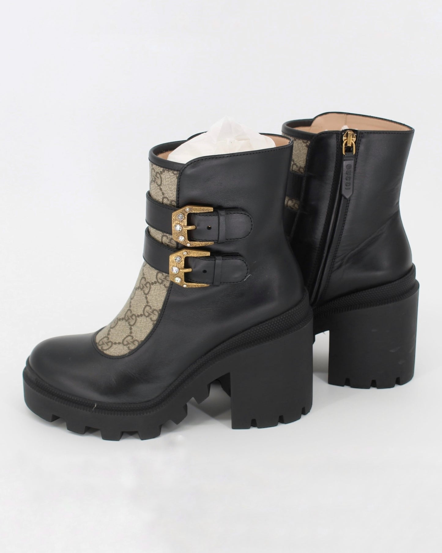 Gucci Monogram Crystal Buckle Black Ankle Combat Heeled Boots Size 36