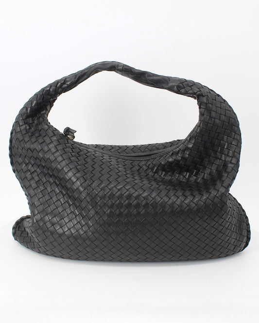 Bottega Veneta Black Leather Intrecciato Hobo Bag