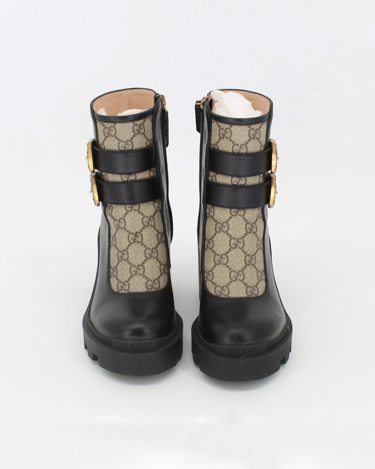 Gucci Monogram Crystal Buckle Black Ankle Combat Heeled Boots Size 36