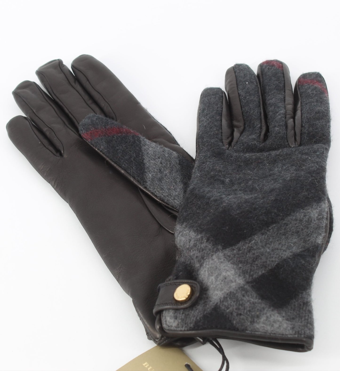 Burberry Black Leather Grey Check Cash Gloves Small