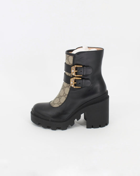 Gucci Monogram Crystal Buckle Black Ankle Combat Heeled Boots Size 36