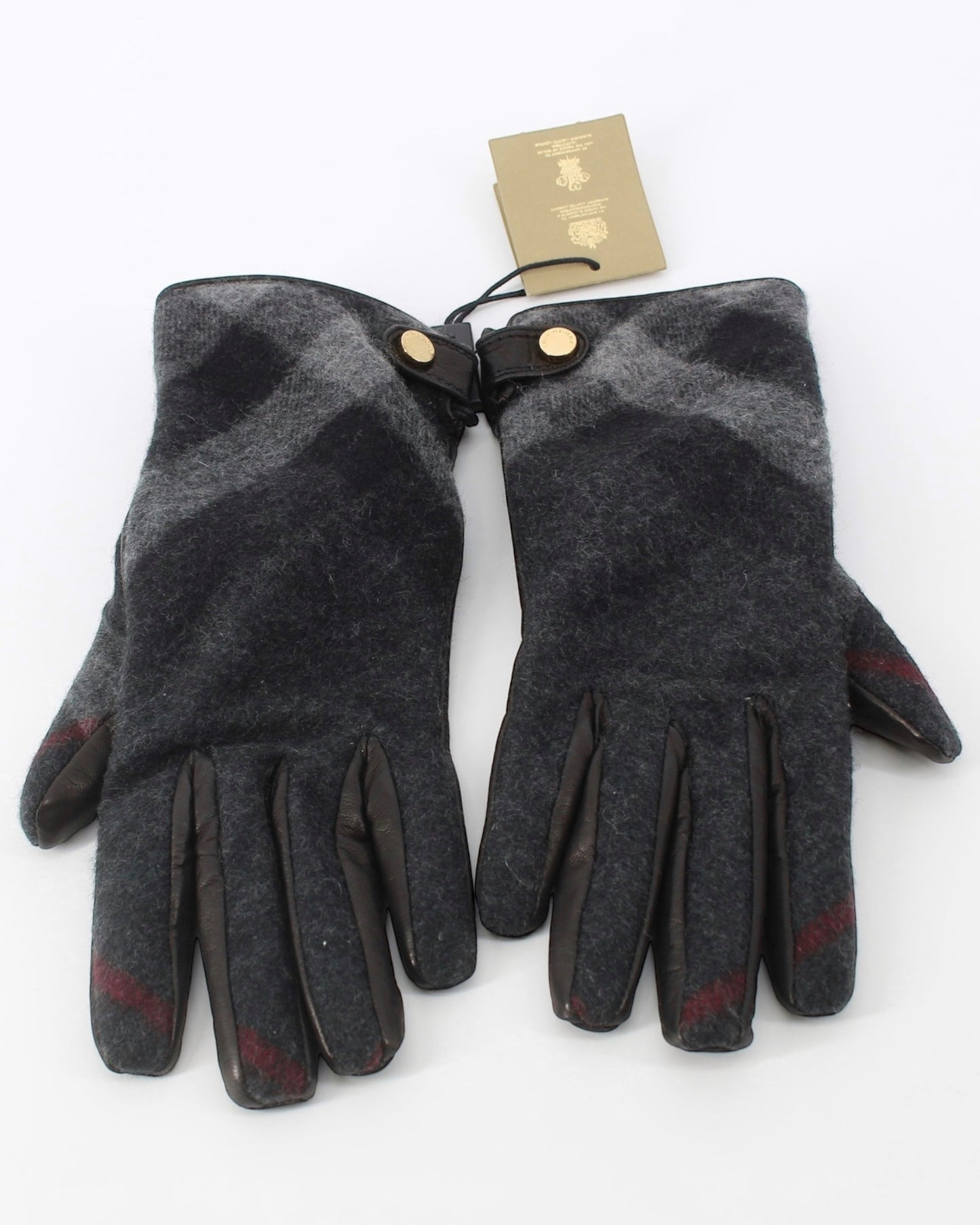 Burberry Black Leather Grey Check Cash Gloves Small