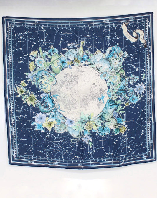 Christian Dior Zodiac Scarf, 85 Square Scarf Navy Blue Silk Twill