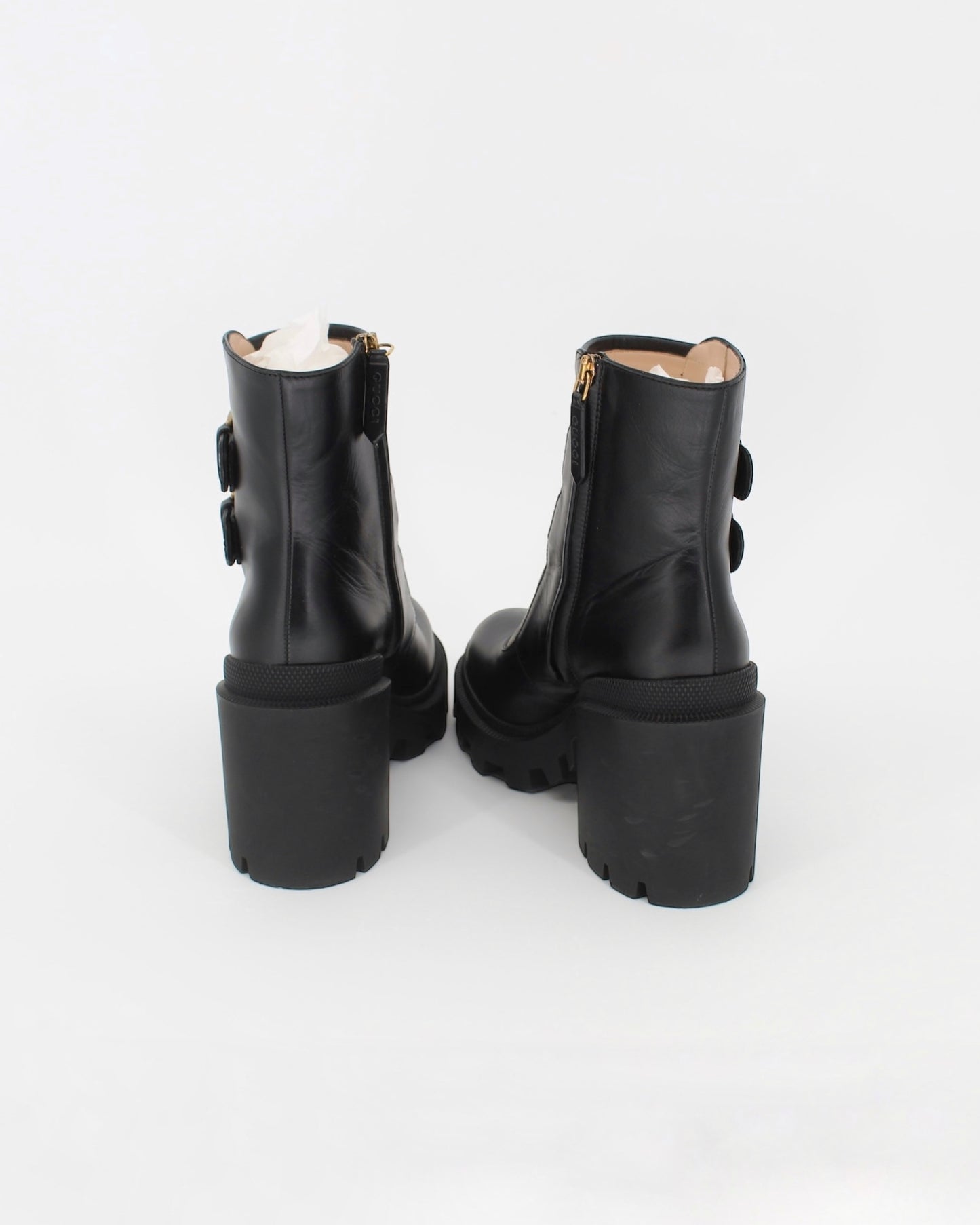 Gucci Monogram Crystal Buckle Black Ankle Combat Heeled Boots Size 36