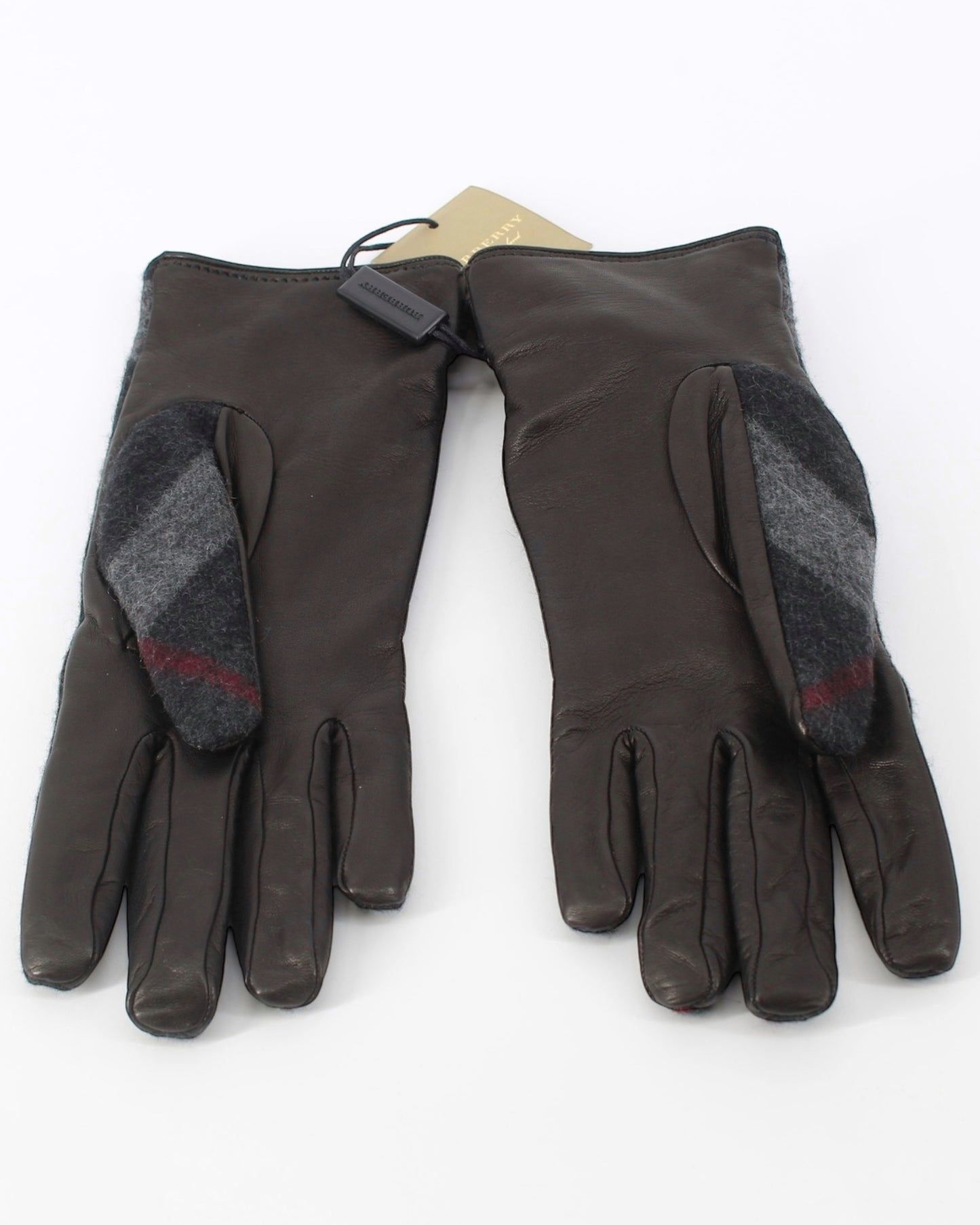 Burberry Black Leather Grey Check Cash Gloves Small