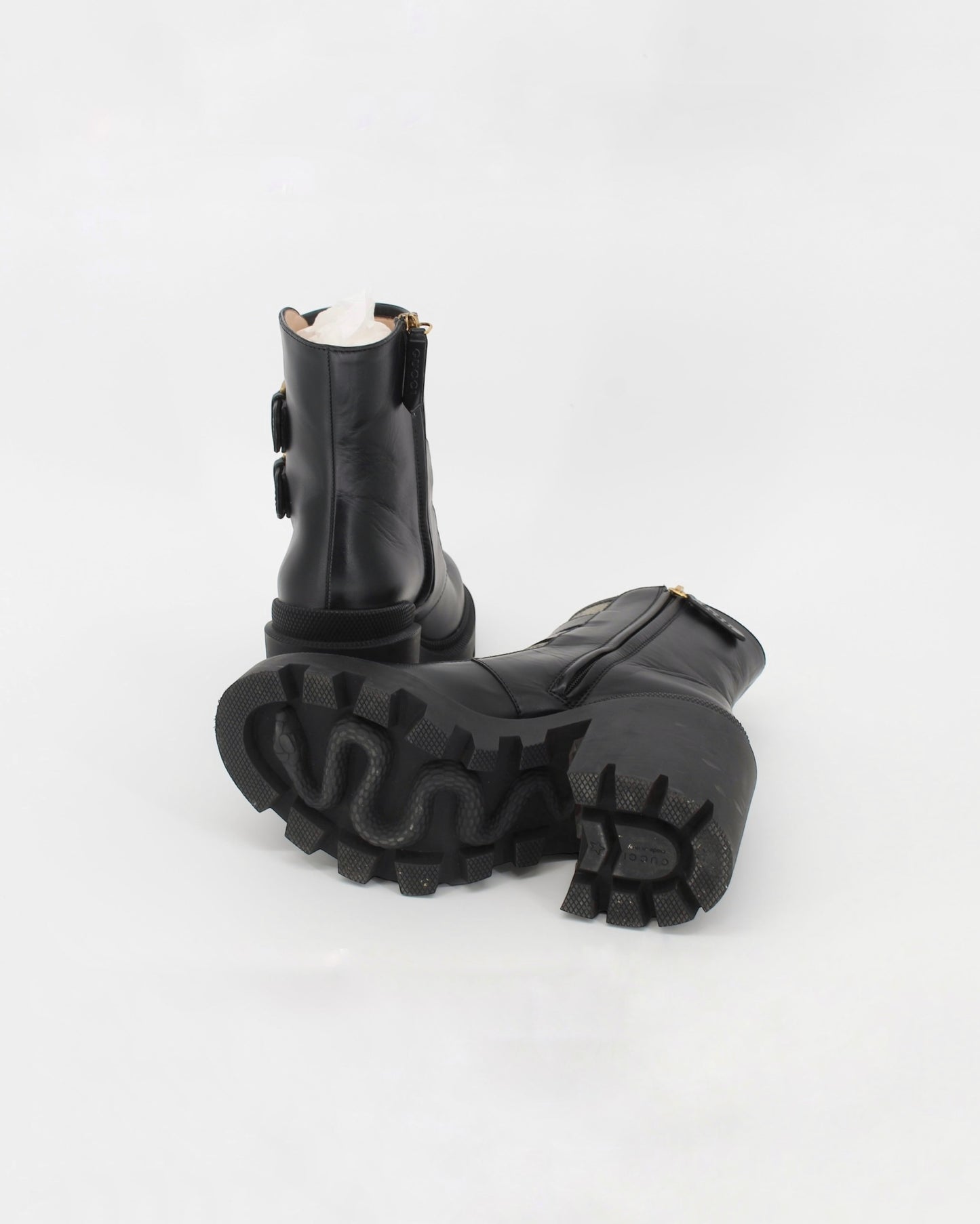 Gucci Monogram Crystal Buckle Black Ankle Combat Heeled Boots Size 36