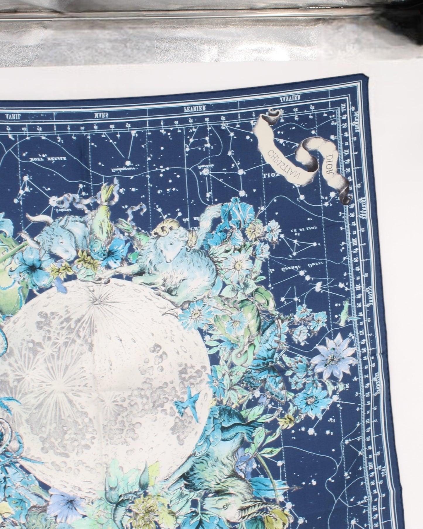 Christian Dior Zodiac Scarf, 85 Square Scarf Navy Blue Silk Twill