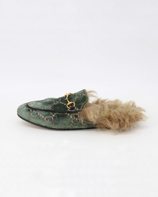 Gucci Princetown GG Velvet Fur Loafer Slippers Size 38.5