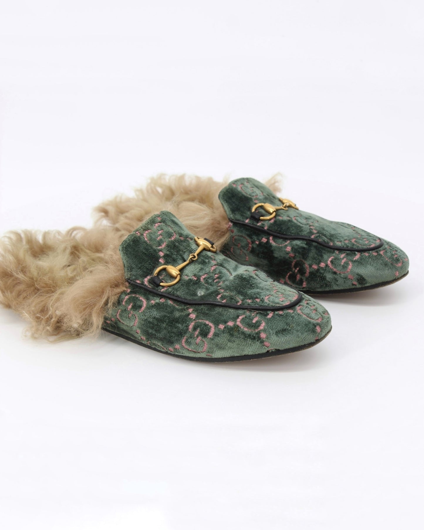 Gucci Princetown GG Velvet Fur Loafer Slippers Size 38.5