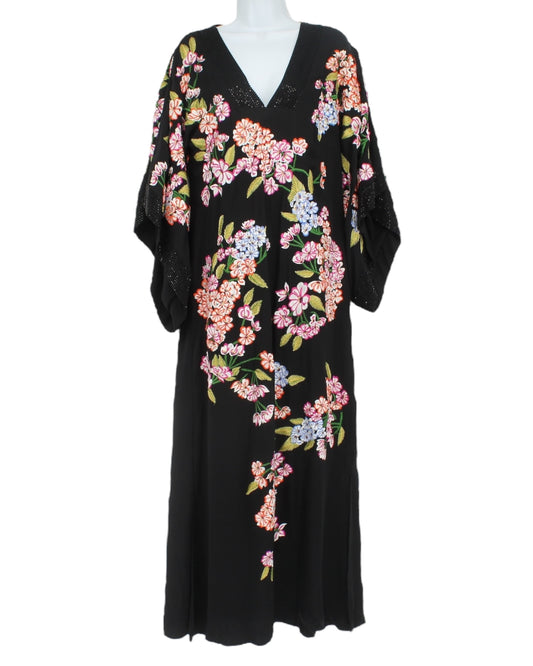 Josie Natori Black Multicolor Floral Print Beaded Maxi Dress Size S
