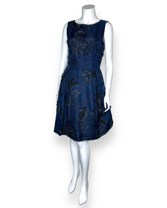 Oscar de la Renta Blue and Black Floral Pique Dress Size 4