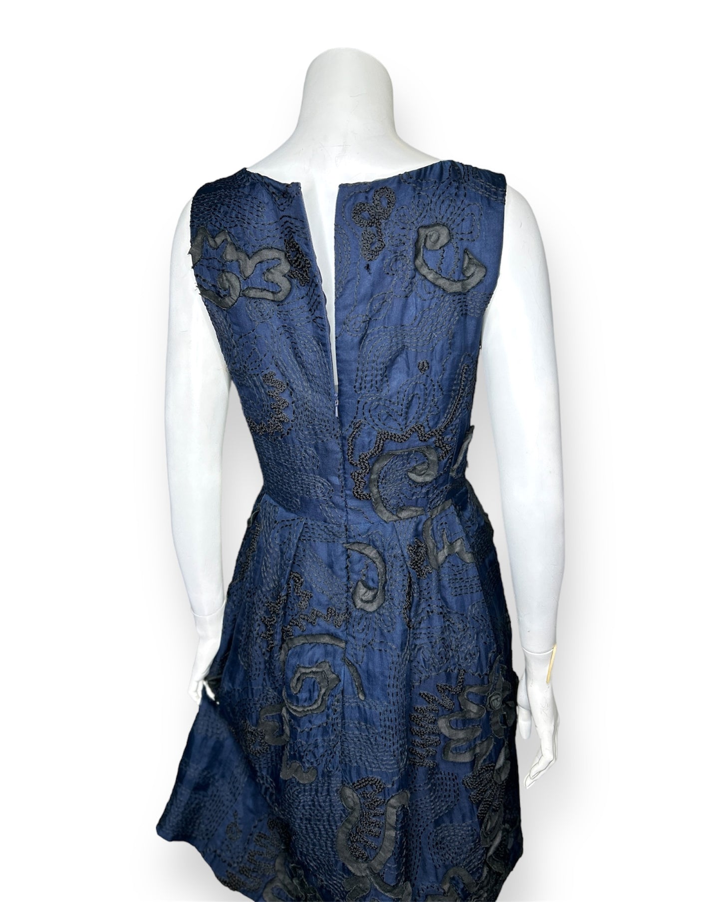 Oscar de la Renta Blue and Black Floral Pique Dress Size 4