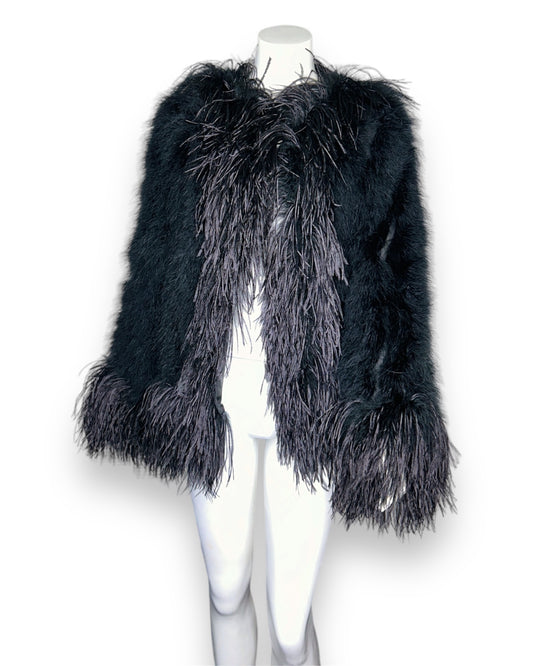 Vintage Saint Laurent Rive Gauche Black Ostrich Feather Jacket Size 42 FR