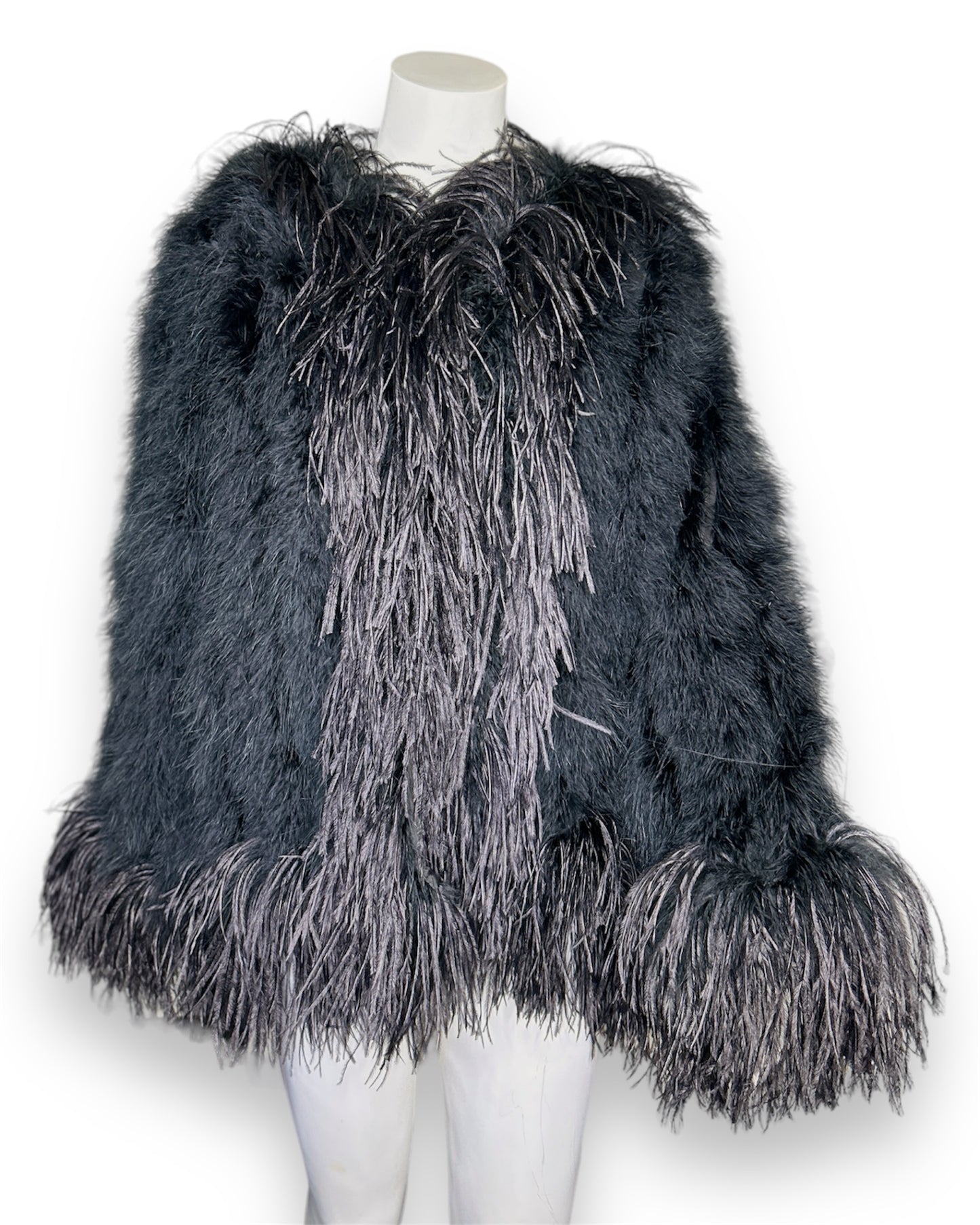 Vintage Saint Laurent Rive Gauche Black Ostrich Feather Jacket Size 42 FR