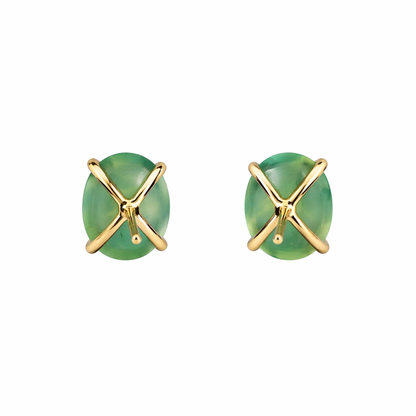 14 Karat Gold Green Chalcedony Oval Stud Earrings