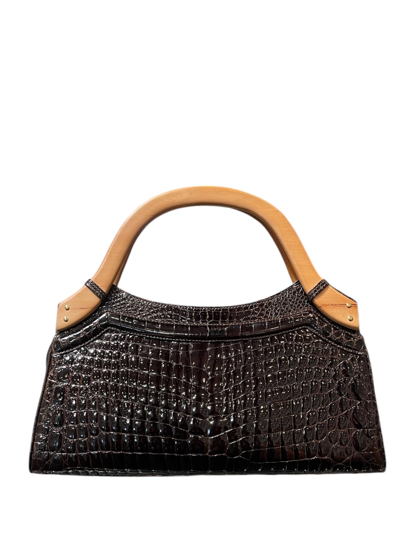 Lana Marks Brown Crocodile Wooden Handles Handbag
