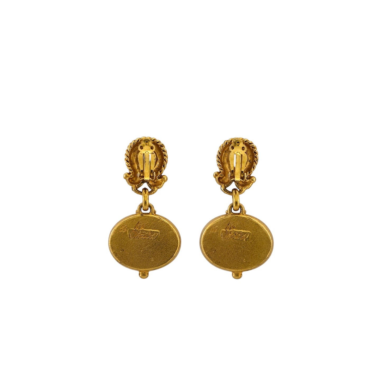 Lazaro Intaglio Horse Cameo Drop Earrings Gold Tone