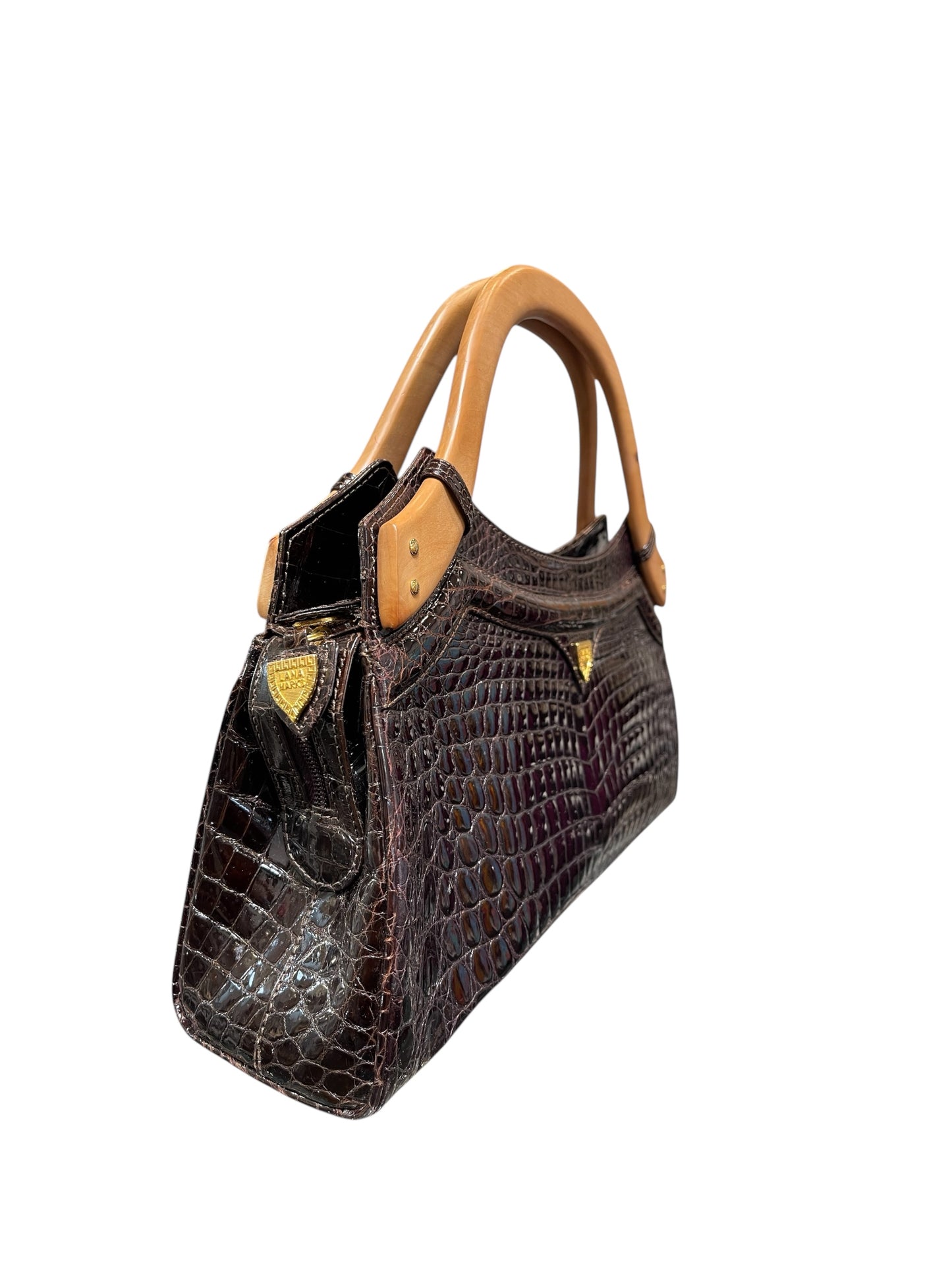 Lana Marks Brown Crocodile Wooden Handles Handbag