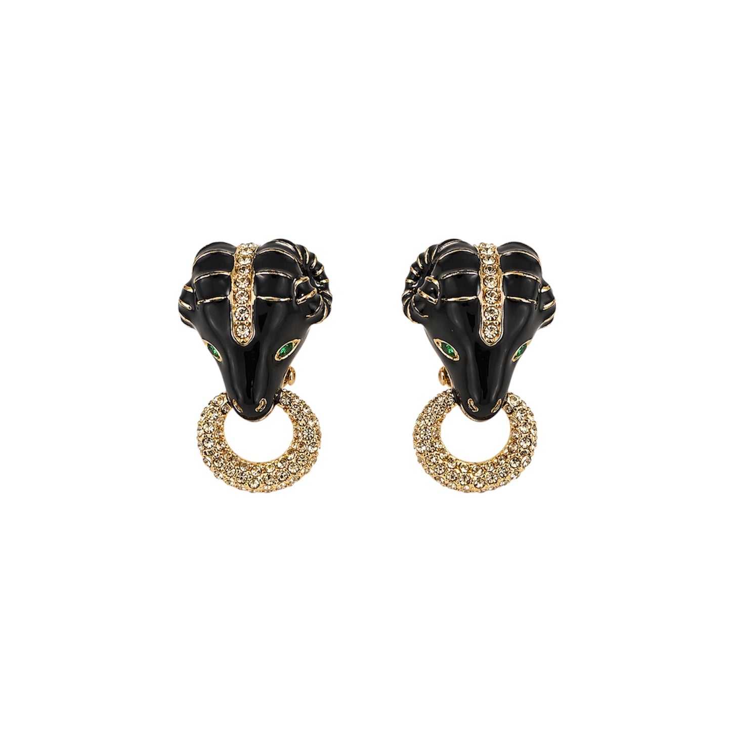 Ciner Black Enamel Ram Head Statement Clip-On Earrings