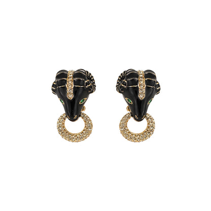 Ciner Black Enamel Ram Head Statement Clip-On Earrings