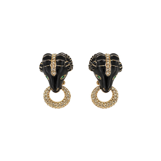 Ciner Black Enamel Ram Head Statement Clip-On Earrings