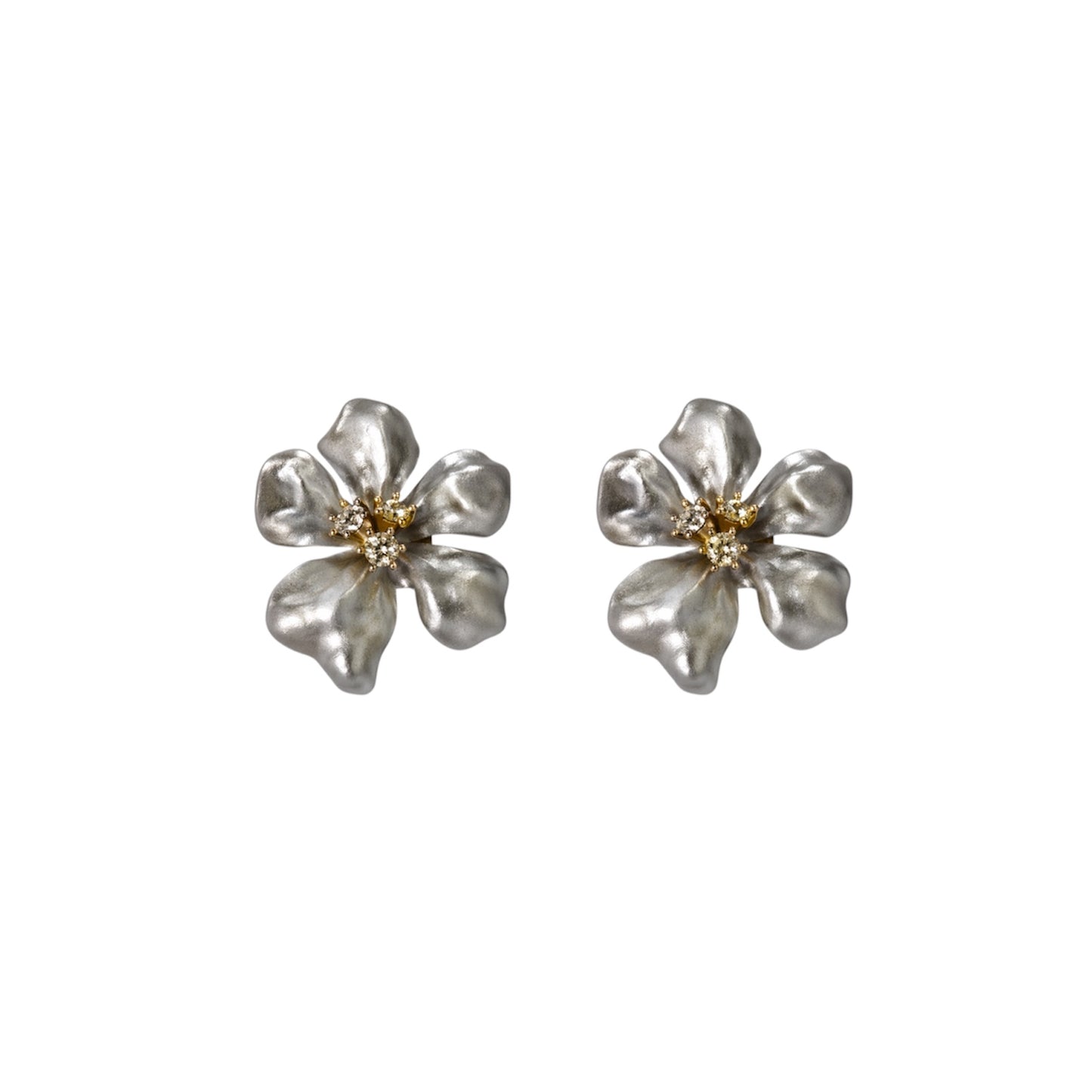 Kenneth Jay Lane Vintage Floral Clip-On Earrings Silver Tone With Gold Center Detail